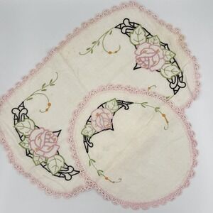 VTG Hand Embroidered‎ Floral Linens Dresser Scarves Set 2 pc Cottagecore Shabby